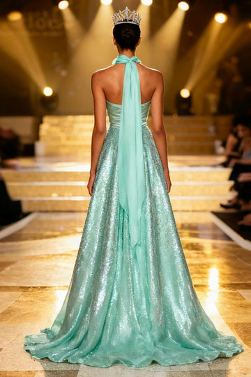 Sparkly Mint Green A Line Neck Scarf Sequin Long Pageant Dress